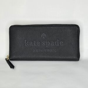 NEW Kate Spade Black Large Continental Peebled Leather Zip Wallet Sienne Logo